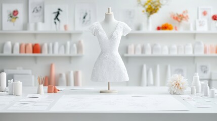 A busy fashion studio filled with fabric, sketches, and unfinished garments, highlighting the dynamic world of fashion design.