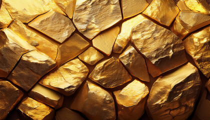 Golden stone wall. Textured surface. Gold toned background.