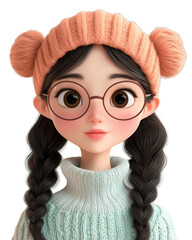 cartoon character teen woman wearing pastel color Sweater with Beanie hat and thick round glasses isolated on transparent background