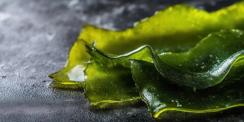 Fresh, vibrant green seaweed on a textured surface, isolated on black background.