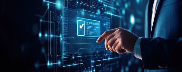Businessman interacting with a digital screen featuring a glowing checkmark, symbolizing approval and success in technology