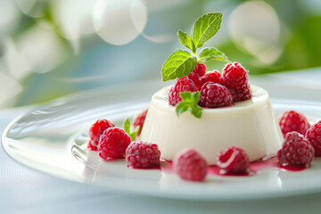A white plate with a raspberry cheesecake and a few raspberries on top