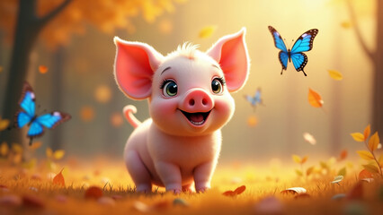 Autumn cute animals - A charming 3D cartoon-style scene featuring an adorable pig with large, expressive eyes among fallen autumn leaves. Blue butterflies flutter around. Warm magical atmosphere.