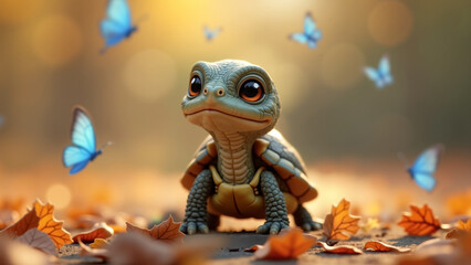 Autumn cute animals - A charming 3D cartoon-style scene featuring an adorable turtle with large, expressive eyes among fallen autumn leaves. Blue butterflies flutter around. Warm magical atmosphere.