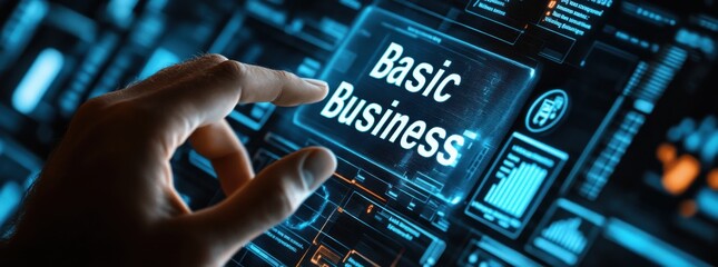 Businessman interacts with virtual screen displaying basic business strategy and analytics