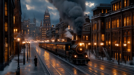 A bustling scene of Chimney Town, where towering chimneys rise into the sky, filling the atmosphere with clouds of smoke. The town is densely packed with brick buildings, narrow al