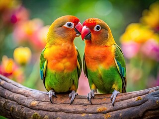 Obraz premium Colorful lovebirds perched together in a romantic setting showcasing affection and companionship