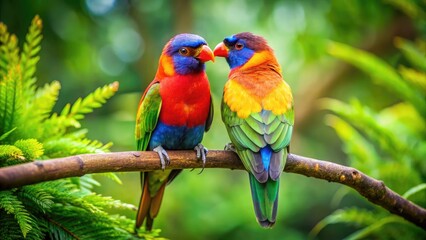 Obraz premium Colorful Love Birds Perched Together on a Branch in a Lush Green Environment Capturing Affection
