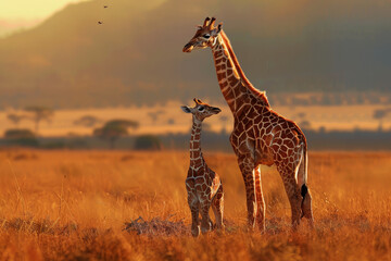 Obraz premium Two giraffes standing in a field of tall grass