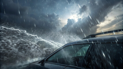 Obraz premium Dramatic stormy sea with car battling intense rain and waves