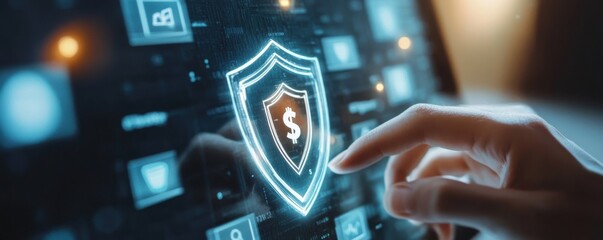 Close-up of a hand interacting with a digital security shield on a touchscreen device