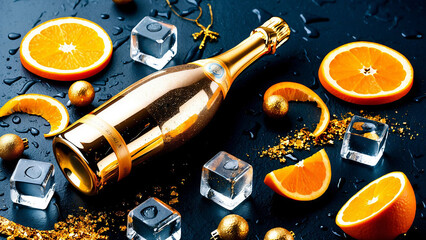 festive background - A bottle of golden champagne is decorated with droplets of condensation, surrounded by ice cubes, orange slices and orange zest, all placed on a dark, textured surface.