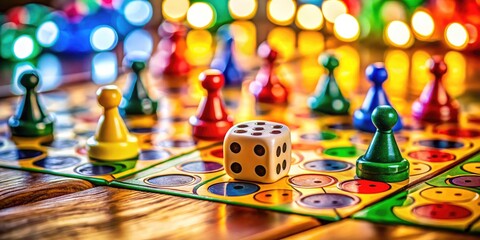 Fototapeta premium Colorful Ludo Game Board with Dice and Player Tokens on a Wooden Table for Fun Family Game Night