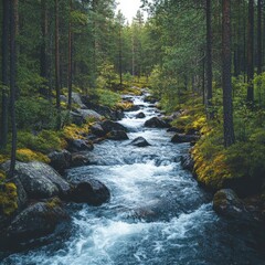 Fototapeta premium Scenic River Flowing Through a Forest with Beautiful Natural Surroundings