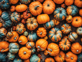 Many orange pumpkins on black background.