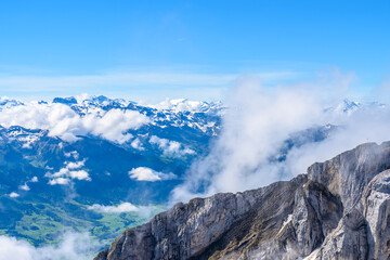 View of Swiss Alps from Mt. Pilatus trail and Lucerne lake (Vierwaldstattersee) in Lucerne, Switzerland