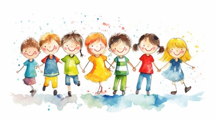 Fototapeta premium Joyful cartoon of happy kids holding hands and jumping together on a bright white background