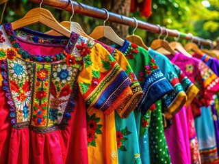 Fototapeta premium Colorful Mexican Blouses Displayed on Hangers Showcasing Traditional Embroidery and Vibrant Patterns