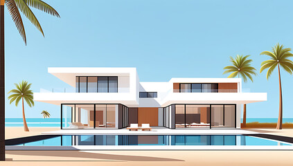 modern villa tropical sand beach among palm trees