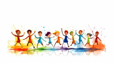 Fototapeta premium Joyful cartoon illustration of happy kids holding hands and jumping on a bright white background