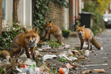 Fototapeta premium Foxes rummaging through trash in front of traditional English houses at night..
