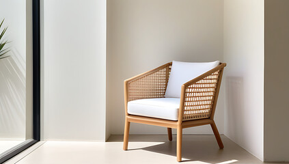 rattan chair rests window framed stucco wall