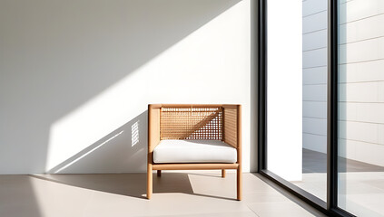 rattan chair rests window framed stucco wall
