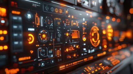 Obraz premium A close-up view of a futuristic digital interface with glowing orange and black elements.