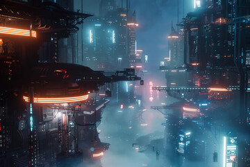 A futuristic cityscape with neon lights and tall buildings