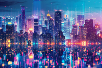 Fototapeta premium A cityscape with neon lights and a reflection of the city in the water