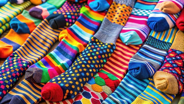 Colorful Nylon Socks in Various Patterns and Textures on a Wooden Surface for Fashion and Style