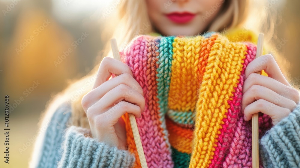 Canvas Prints A woman knitting a colorful scarf, demonstrating intricate patterns and needlework skills.