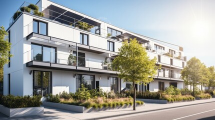 Obraz premium Contemporary townhouses with solar panels in urban landscape under bright sunlight