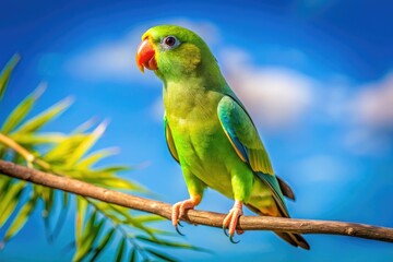 Fototapeta premium Colorful Parrotlet Perched on a Branch Against a Bright Blue Sky in a Natural Outdoor Setting