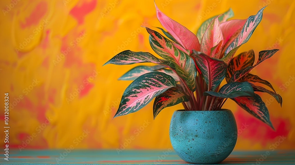 Poster Vibrant Pink and Green Houseplant in a Turquoise Pot