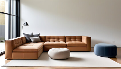 Obraz premium tufted corner sofa pouf lounge chair stand near live edge coffee table