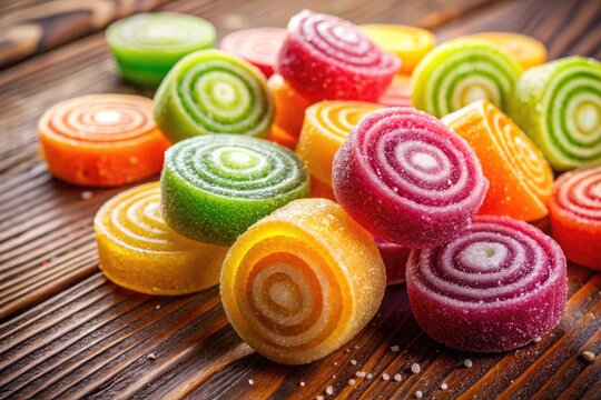 Colorful pirul candy on a wooden table, showcasing vibrant swirls and tempting sugary texture
