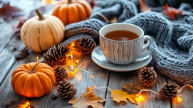 Warm and cozy autumn vibes with a cup of tea, pumpkins, leaves, and cones on a wooden table. Fall home decor with a cozy scarf and lights. Happy Thanksgiving. Autumn hygge.