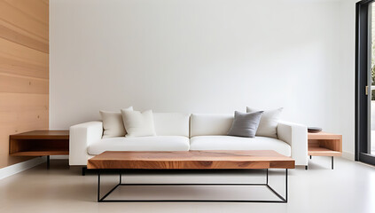 white sofa wood live edge stamp coffee table sit stucco wall