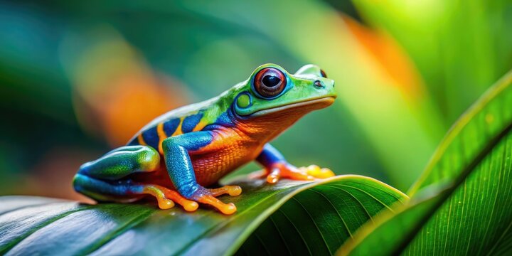 Colorful Pixiefrog Sitting on a Leaf in a Lush Green Environment with a Soft Focus Background