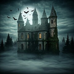 Obraz premium Mysterious Stone Castle with Bats Silhouetted Against a Full Moon in a Foggy Forest