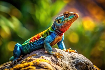 Obraz premium Colorful plated lizard basking on a rock in its natural habitat under warm sunlight and greenery