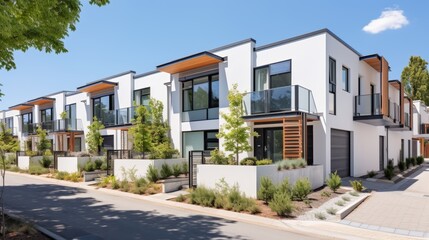 Modern urban townhouse with solar panels under bright sunlight in a city landscape