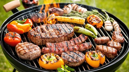 A delicious assortment of grilled meats and vibrant vegetables sizzle on the barbecue, highlighting a perfect summer day celebrated with friends and family