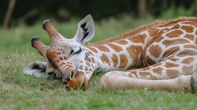 A young giraffe is lying comfortably on the grass, eyes closed, enjoying a peaceful nap in its natural habitat, surrounded by lush greenery and soft sunlight