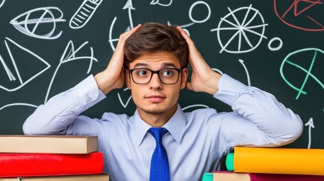 A young man in formal attire looks perplexed, holding his head while surrounded by a tower of books. The chalkboard behind him features various mathematical symbols and graphs