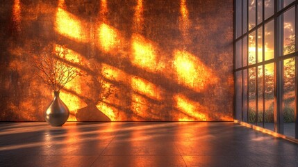 As the sun sets, golden light streams through expansive windows, illuminating the sleek interior and creating a stunning interplay of shadows and reflections on the floor