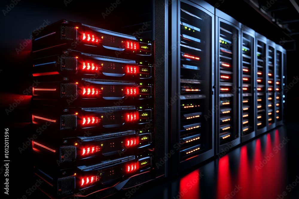 Poster A server room with flashing red warning lights, indicating a data breach, representing the vulnerability of corporate networks to data theft