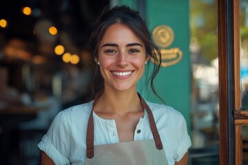 A smiling young woman wearing an apron stands in front of a cafe, radiating warmth and friendliness in a cozy atmosphere