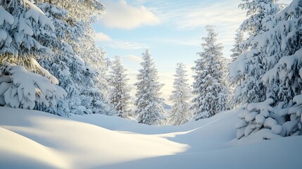 Naklejka premium Tranquil winter wonderland with snow-laden trees and drifts. Season's greetings with ample space for your message.
